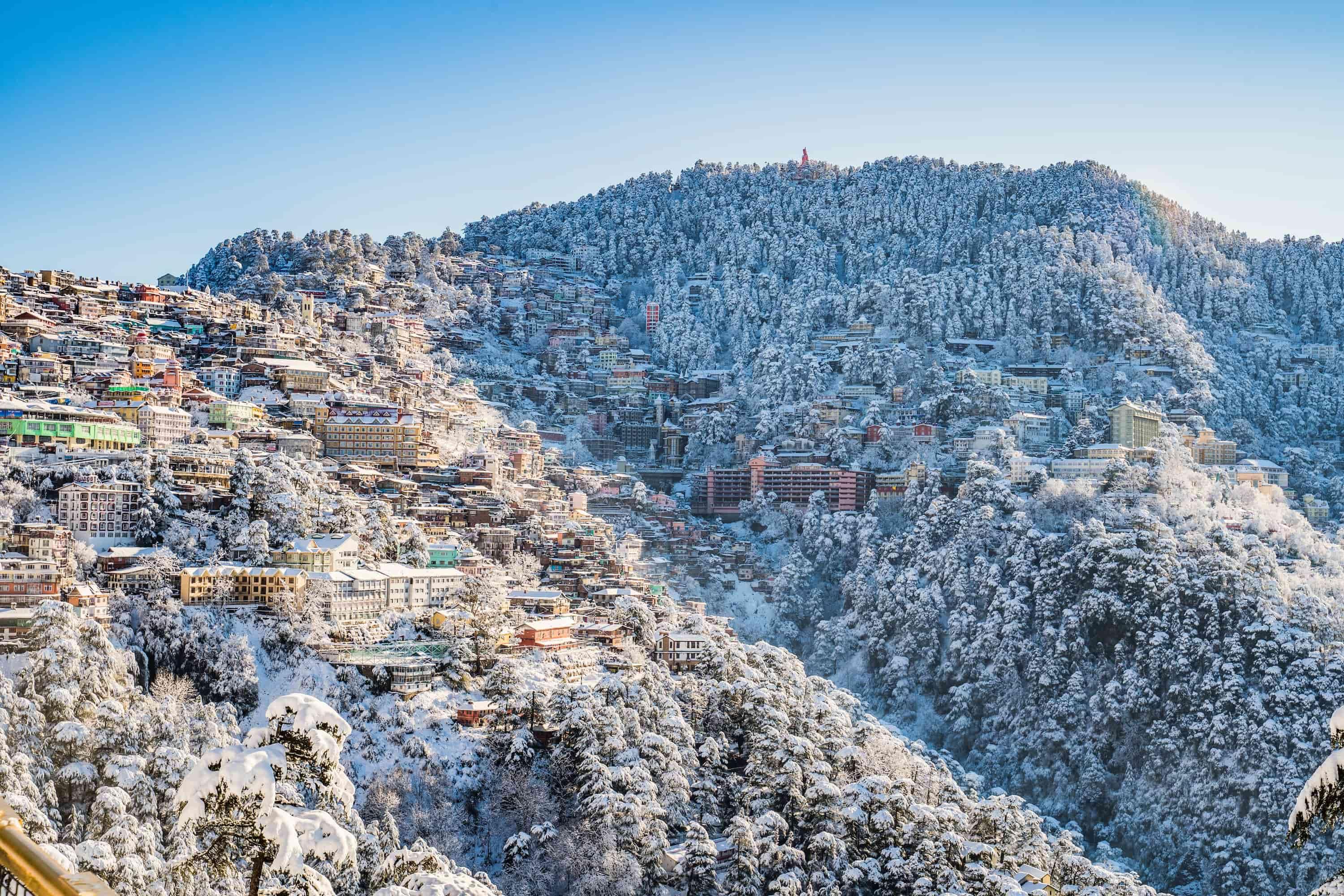 A stunning winter scene captures an entire city blanketed in a thick layer of fresh snow. The rooftops of the buildings, ranging from quaint houses to larger structures, are coated with soft, white snow, giving them a magical appearance. Streets are covered with a powdery layer, with only a few pathways cleared, creating winding trails through the otherwise undisturbed snow. Bare trees line the sidewalks, their branches dusted with frost, adding a delicate touch to the wintry landscape.