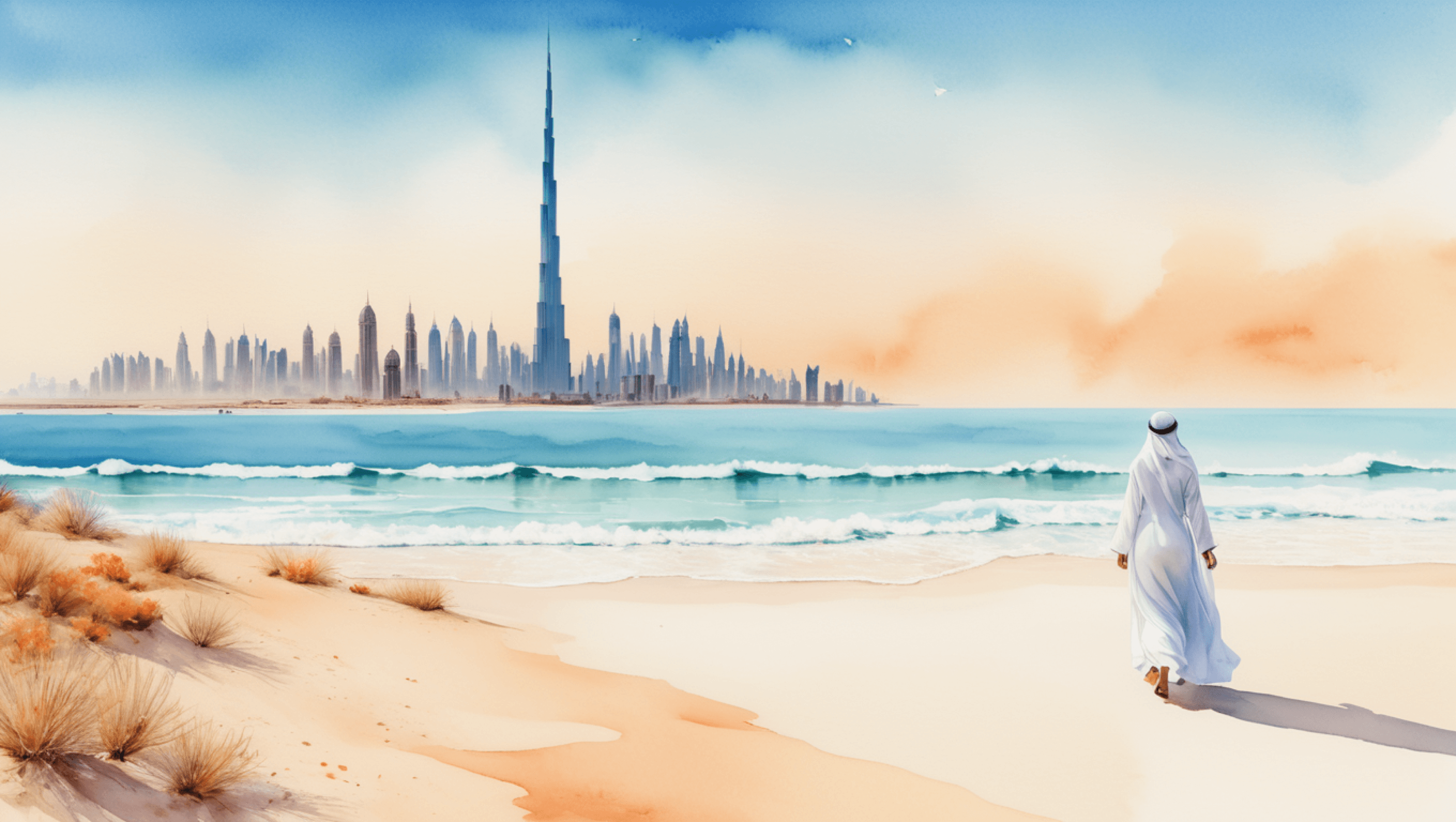 a woman stands gracefully on a pristine, sandy beach, gazing out at the turquoise waters of the Arabian Gulf. She is dressed in elegant beachwear, with a flowing cover-up that flutters gently in the breeze. Behind her, the iconic Burj Al Arab rises majestically, its sail-shaped silhouette a striking contrast against the clear blue sky.