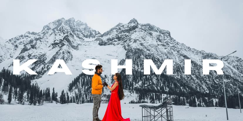 A serene landscape of Kashmir unfolds with lush, green meadows stretching as far as the eye can see, dotted with wildflowers that add splashes of vibrant color. In the center of this idyllic scene, a crystal-clear river winds its way through the valley, its waters sparkling under the sunlight. The river flows gently, reflecting the vivid blue sky and the surrounding verdant hills.